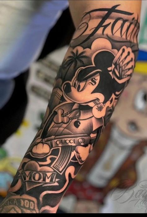 Mickey Mouse Tattoo Ideas, Disney Tattoos For Men, Mickey Tattoo, Mickey Mouse Tattoo, Unique Half Sleeve Tattoos, Girl Thigh Tattoos, Unique Tattoos For Men, Chicano Tattoos Sleeve, Card Tattoo Designs