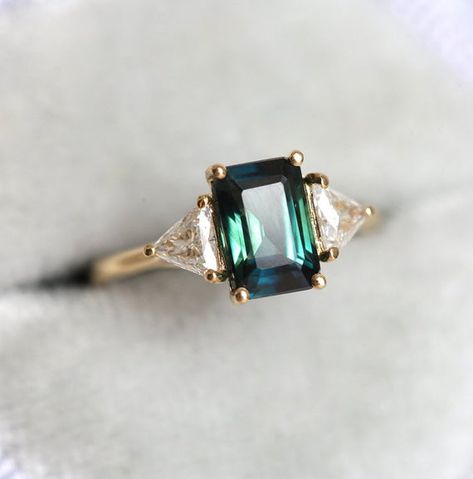 Teal Sapphire Engagement Ring, Green Sapphire Ring, Triangle Diamond, Green Emerald Ring, Teal Sapphire, Buying An Engagement Ring, Solid Gold Band, Dream Engagement Rings, Sapphire Engagement Ring