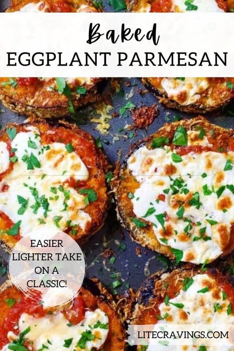 An easy, lighter take on the dish, Baked Eggplant Parmesan has all of the cheesy, crispy goodness of the original without all of the grease. Weight Watchers Eggplant Parmesan, Eggplant Parmesan Easy, Baked Eggplant Recipes, Lite Cravings, Baked Eggplant Parmesan, Vegetable Bake, Veggie Dinners, Eggplant Recipes Easy, Meatless Dishes