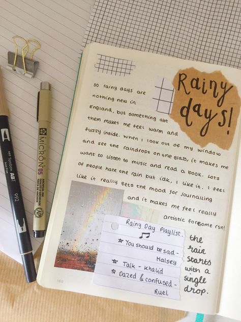 Rainy Journal Ideas, What To Write In Dairy, Rainy Day Journal Ideas, Diy Journal Ideas Cover, Quotes For Journal Covers, Journal Ideas Asthetics, Rain Journal Ideas, Scrapbook Journal Cover Ideas, Diy Vintage Diary