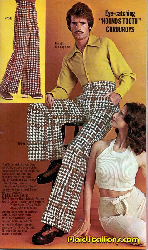 Eye catching houndstooth flares and Big collared shirts 70s Men Disco, Disco 1970s, 70s Fashion Men, 70s Mens Fashion, Western Outfits Men, 70s Clothing, Disco Fashion, 60s 70s Fashion, Outfits 70s