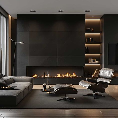 20+ Sleek Black Fireplace Wall Ideas for Bold Interiors • 333+ Art Images Off Center Fireplaces, Tv Off Centered On Wall Fireplace, Real Fireplace Makeover, 2 Story Living Room Tv Wall Ideas, Fireplace Ideas With Tv Modern, Fireplace And Tv Wall Ideas, Modern Fireplace Wall Living Room, Lounge Tv Room, Tv Fireplace Wall Ideas