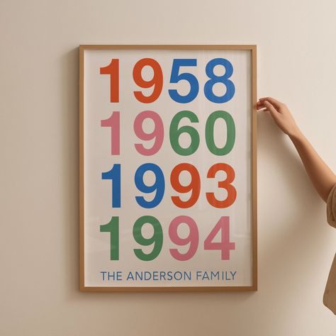 Hello & Welcome! This colorful wall poster is a custom order made of family birth years. A great keepsake gift for any family! A perfect unique keepsake gift for any family! This is a DIGITAL DOWNLAOD so no physical item such as a print or frame will be mailed to you. There are FOUR color options to choose. I can recolor to requested colors, just message me the palette. Jpg files are High Resolution (300 dpi) in RGB format Please specify which size you want in the personalization section when or Hang Multiple Pictures On Wall, Spanish Nursery Decor, Room Decor Color Palette, Bright Gallery Wall, Family Wall Art Ideas, Mixed Frame Gallery Wall, Diy Colorful Wall Art, Family Art Ideas, Family Photos Display