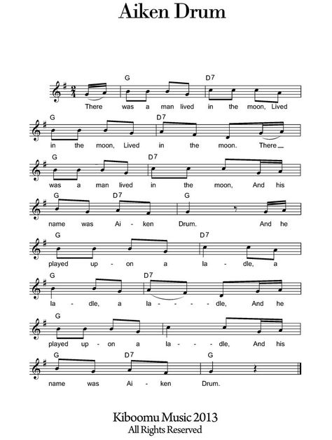 Aiken Drum Sheet Music Aiken Drum, Drum Lessons For Kids, Drum Craft, Free Printable Sheet Music, Keyboard Music, Kindergarten Music, Songs For Children, Drums Sheet, Drum Sheet Music