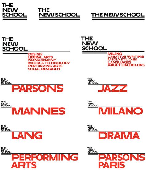 In the new system, each school has its own logo, set in Neue, with The New School identity acting as Logos, Museum Branding, Management Logo, Arts Management, Word Mark Logo, Visual Identity Design, Typography Layout, Language Study, Feminine Logo