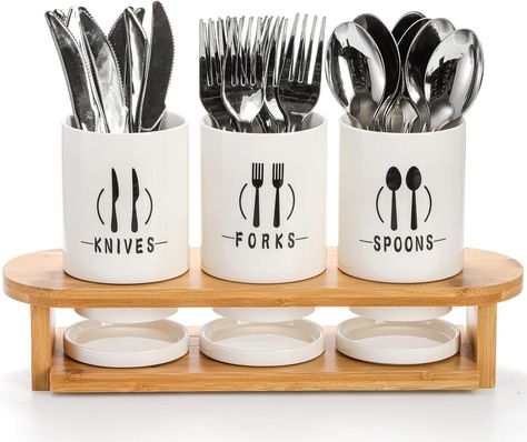 Fasmov Flatware Holder, 3 Pack Silverware Caddy with Bamboo Rack, Utensil Holder Ceramic Flatware Caddy Flatware Caddy White Ceramic Cutlery Organizer for Forks, Spoons, Knives : Amazon.ca: Home Silverware Caddy, Cutlery Organizer, Flatware Holder, Flatware Caddy, Ceramic Cutlery, Utensil Caddy, Silverware Holder, Utensil Organization, Forks And Spoons