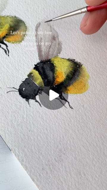 Paintings Of Birds And Flowers, Watercolor Bees And Flowers, Watercolor Bumble Bee Tutorial, Bumble Bee Watercolor Paintings, Watercolor Bee Tutorial, Water Colour Flower Design, Bulb Painting Ideas, Paint A Bee, Watercolor Animals Easy