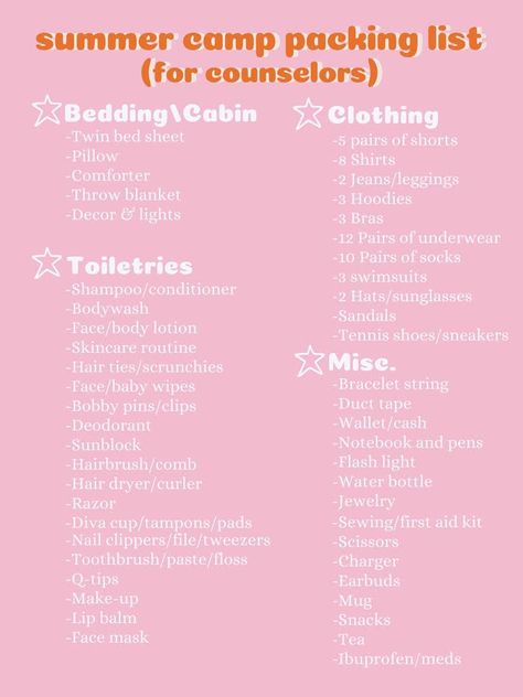 Packing List For Sleepaway Camp, Summer Camp List Packing Checklist, What To Pack For Church Camp Teens, Summer Camp Essentials Packing Lists, Camp America Packing List, Packing List For Summer Camp, Summer Camp Counselor Packing List, Overnight Camp Packing List, Church Camp Counselor Outfits