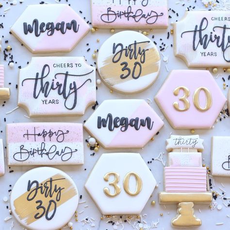 A Modern Cookie on Instagram: “Cheers to 30 Years, Birthday Edition! 💗🖤🤍✨ . From 30th anniversaries to 30th birthdays, custom cookies are for every occasion and I love…” Cheers To 30 Years Cookies, Dirty 30 Cookies Women, 30th Cookies Birthday For Women, 30th Birthday Cookies Decorated, 30th Birthday Cookies For Woman, 30th Cookies, 40 Birthday Cookies, 30th Birthday Sugar Cookies, 30 Birthday Cookies