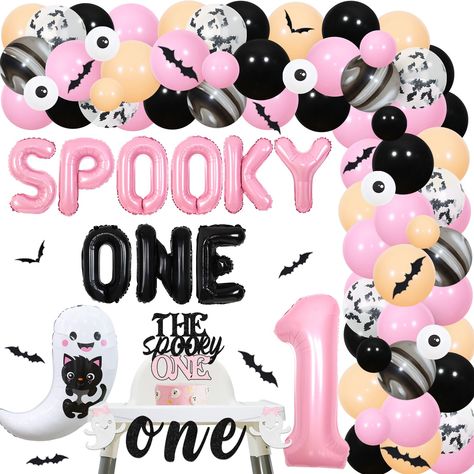 PRICES MAY VARY. Spooky One First Birthday: Add a lovely touch to the girls’ Halloween 1st birthday party with our pink apricot and black spooky one decorations. They will make your Halloween birthday backdrop and dessert table attractive. Value Package: Halloween 1st birthday party decorations come with 42pcs latex balloons 12”, 24pcs latex balloons 5”, spooky one foil balloon 16”, the spooky one cake topper, ghost one high chair banner, number 1 foil balloon 32”, 12pcs bat wall stickers, ghost Halloween 1st Birthday Party, The Spooky One, First Birthday Decorations Girl, Spooky One Birthday, Halloween Birthday Party Decorations, Halloween First Birthday, Halloween 1st Birthdays, Spooky One, Halloween Party Balloons