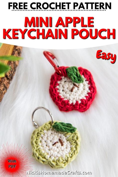 This is a free pattern for the Crochet Apple Keychain Pouch. This crochet apple pattern is made using Dishie cotton yarn from WeCrochet. Crochet Apple Pattern, Apple Keychain, Keychain Pouch, Crochet Apple, Apple Pattern, Crochet Keychain Pattern, Apple Airtag, Crochet Pouch, Mini Apple