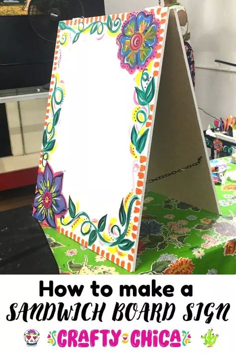 How to make sandwich board signs! #craftychica #sandwichboardsigns #sandwichboarddiy #sandwichboardsignsdiy Sidewalk Signs Diy, Poster Board Signs Diy, How To Make A Sandwich Board Sign, Diy Sandwich Board Sign, Diy Sandwich Board, Poster Board Signs, Sandwich Board Sign, Campaign Materials, Sandwich Sign