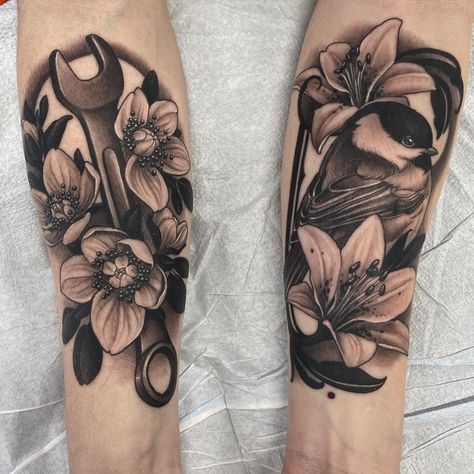 Wrench With Flowers Tattoo, Wrench Tattoo, Chickadee Tattoo, Empire Tattoo, Gold Tattoo, Memorial Tattoo, Flowers Tattoo, Maternity Leave, Birds Tattoo