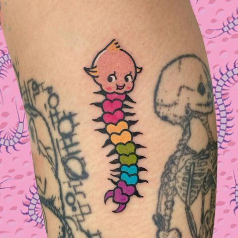 Heart Centipede Tattoo, Cute Gore Tattoo, Creepy Knee Tattoos, Sanrio Centipede Tattoo, Cute Centipede Tattoo, Creepy Cute Tattoo Ideas, Carebear Centipede Tattoo, Kewpie Tattoo Traditional, Cute Bug Tattoo