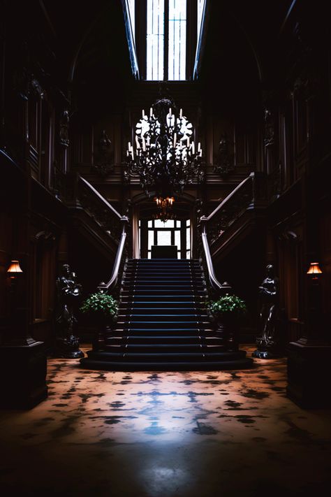 Gothic Stairway, Gothic Foyer, Gothic Hotel, Goth Staircase, Dark Academia Mansion, Gothic Hallway, Goth Mansion, Victorian Gothic Mansion, Academia House