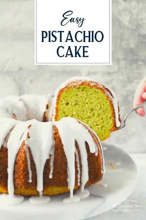 This vintage Pistachio Cake recipe is an easy dessert that starts with a cake mix and a box of pistachio pudding! The Bundt cake has a moist, tender crumb, a fresh, nutty flavor and a sweet almond glaze. It's perfect for a simple Sunday supper, a festive St. Patrick's Day gathering, Easter brunch, bridal showers and baby showers. Best of all, the crowd-pleasing Pistachio Pudding Cake comes together with about 15 minutes of prep! Cake With Pudding, Watergate Cake, Pistachio Pudding Cake, Pistachio Dessert Pudding, Pistachio Cake Recipe, Almond Glaze, Pistachio Pudding, Pistachio Cake, Bundt Cakes Recipes