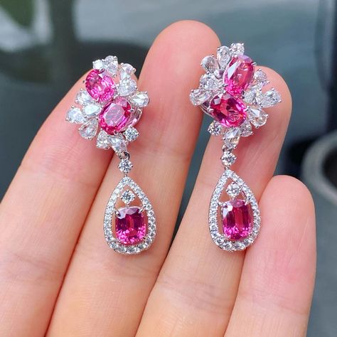 Ruby Diamond Earrings, Spinel Earrings, Diamond Earrings Online, Spinel Jewelry, Real Diamond Earrings, 3 Earrings, Asian Jewelry, Pink Spinel, Money Magnet