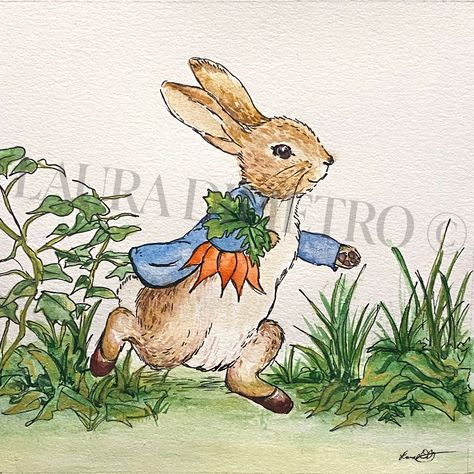 "This is a beautiful set of four prints of my original watercolor, gouache, and ink paintings, that feature Mr. Peter Rabbit, Mr. Benjamin Bunny, Ms. Jemima Paddleduck, and Mr. Jeremy Fisher, from the classic Beatrix Potter children's literature \"The Tale of Peter Rabbit.\" The print sets (of 4 prints each) are available in two square sizes, 5 x 5 inches and 7 x 7 inches. You will receive four smudge-proof, fade-resistant, and vibrantly colored prints of my original artwork that will last forever under a glass frame. These illustrations are incredibly unique and you will NOT find them anywhere else as I hand drew and painted these, and they are not the usual reproduction of an older print. These are paper prints that are meant to be framed for protection and longevity.  **Please note that Peter Rabbit Illustration Beatrix Potter, How To Draw Beatrix Potter Characters, How To Draw Peter Rabbit Step By Step, Peter Rabbit Watercolor Paintings, Beatrix Potter Illustrations Printable, Peter Rabbit Drawing, Peter Rabbit Painting, Pitter Rabbit, Peter Rabbit Tattoo