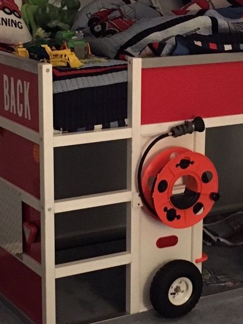 Fireman Room, Firefighter Bedroom, Fire Truck Bedroom, Fire Truck Room, Firetruck Bed, Small Wooden Desk, Hackers Ikea, Truck Room, Ikea Kura Bed