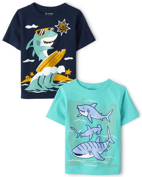 PRICES MAY VARY. 100% Cotton Imported Pull On closure Machine Wash GRAPHIC T-SHIRT — A classic, comfortable fit with graphics he'll love. FABRIC — Made of 100% cotton jersey DESIGN — Features short sleeves and rib-knit crew neck MULTIPACK — 2-pack of graphic tees: 1 style with shark graphic design at front; 1 style with surfing shark graphic design at front THE CHILDREN'S PLACE — We offer a huge selection of kid's clothing! Shop us for jeans, shorts, leggings, chinos, polo shirts, dresses, pajam Shark Graphic Design, Kids Tees Design, Surfing Graphic, Kids Tshirt Designs, Shark Graphic, Free T Shirt Design, Mens Workout Shirts, Boys Graphic Tee, Cotton Farming