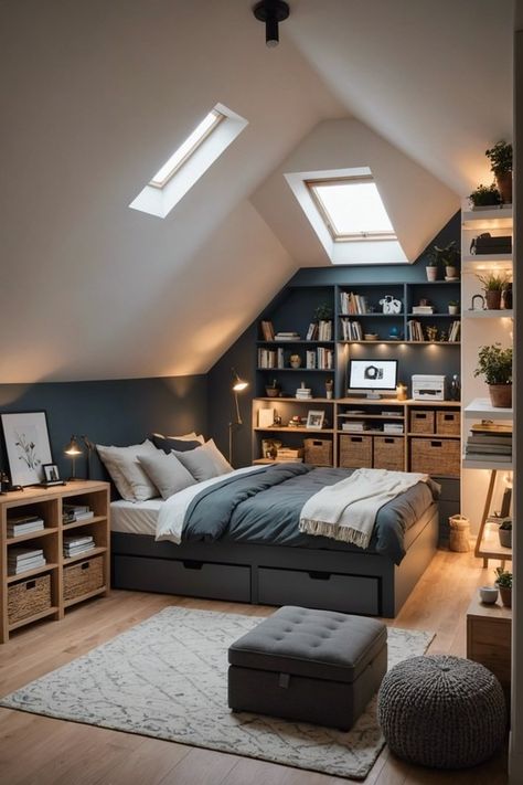 20 Creative Solutions For Small Attic Bedrooms With Low Ceilings – ToolzView Slope Roof Bedroom Interior, Bedroom In Loft Space, Lofted Ceiling Bedroom, Bedrooms With Eaves, Slanted Wall Room Ideas, Loft Master Bedrooms Decor, Low Ceiling Loft Bedroom, Teen Attic Bedroom, Low Ceiling Loft Ideas