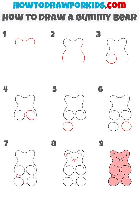 how to draw a gummy bear step by step How To Draw A Gummy Bear Step By Step, Cute Gummy Bear Drawing, Candy Doodles Easy, Gummy Bear Tattoo Simple, How To Draw A Gumball Machine, Gummy Bears Painting, How To Draw Candy Step By Step, How To Draw Gummy Bears, Gummy Bear Painting Easy