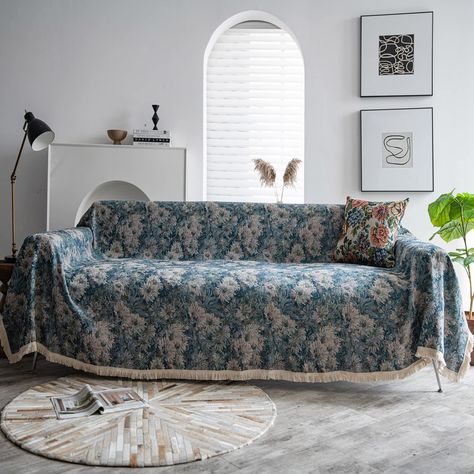 PRICES MAY VARY. ✨ 𝐏𝐫𝐞𝐦𝐢𝐮𝐦 𝐌𝐚𝐭𝐞𝐫𝐢𝐚𝐥 : The blue floral couch cover is manufactured from 60% polyester and 40% cotton blend fabric . Carefully woven to ensure softness, rich texture and durability. Thickness is suitable for all seasons and durable for years without pilling or fading after washing. ✨ 𝐏𝐞𝐫𝐟𝐞𝐜𝐭 𝐅𝐢𝐭𝐬 : Please measure your sofa size before purchased. Recommend Large size 91"x118" for loveseat/armless sofa 3 seat; X-Large size 91"x134" for 3 cushion couch; XX-La Sofa Retro, Sofa Protector, Retro Sofa, Couch And Loveseat, Daisy Painting, Flower Blanket, Three Seat Sofa, Slip Covers Couch, Couch Cover