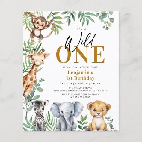 $1.38 | Budget Jungle Safari Wild One 1st Birthday Invite - jungle, boy, kids, safari birthday, jungle birthday, wild one, boy 1st birthday, lion, greenery, budget Wild One Animals, Safari Wild One, Jungle Invitations, Wild One 1st Birthday, 1st Birthday Invite, Wild One Birthday Invitations, Party Themes For Boys, Jungle Birthday, First Birthday Party Themes