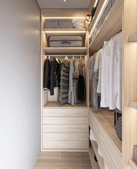 Small Walk In Wardrobe, Narrow Closet Design, Narrow Closet, Walk In Closet Small, Small Dressing Rooms, A Walk In Closet, Bed In Closet Aesthetic, Dream Closet Design, Closet Design Layout