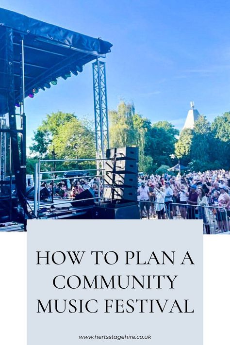 A side view of a stage in the summer with a band playing and a large audience watching. Planning A Concert Event, Small Town Festival Ideas, Social Garden, Autumn Gathering, 2024 Manifestations, Festival Planning, Garden Event, Summer Music Festival, Festival Games