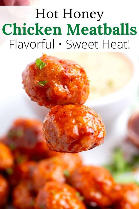 This Hot Honey Chicken Meatballs Recipe is the ultimate bite - savory, sweet, and spicy all in one. Ground chicken, panko breadcrumbs, and spices form tender meatballs that get baked to juicy perfection, then coated in a spicy honey glaze that is so addicting, you'll want to put it on everything. Simple to make, means they are perfect for a weeknight dinner or as a go-to snack for any casual get-together. Best of all: they are freezer friendly, meaning you can indulge whenever the craving hits. Hot Honey Meatballs Meal, Recipes With Spicy Honey, What To Put Hot Honey On, Hot Honey Ground Chicken, Hot Honey Chicken Meatballs, Ways To Use Hot Honey, Recipes Using Hot Honey, Hot Honey Meatballs, Honey Buffalo Meatballs