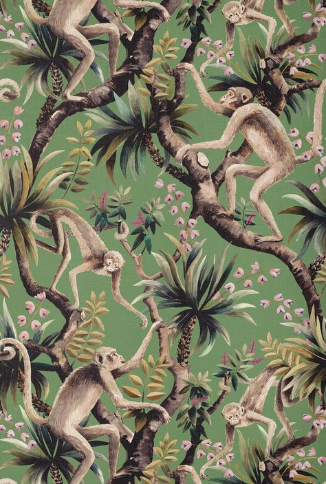 Mischievous monkeys climb to and fro on tropical foliage in this playful and practical wallcovering. Hand painted in gouache and digitally printed, this textile captures the brushstrokes and painterly nature of the original artwork. The motifs take reference from the ceramic monkey statues found in Elvis’s ‘Jungle Room,’ a tropical-inspired kitsch retreat within his Memphis home. The design’s name references the Chuck Berry song ‘Too Much Monkey Business’ covered by Elvis on his ‘Elvis Sings Fla Tropical Graphic Design Poster, Monkey Illustration Design, Vintage Tropical Art, Monkey Artwork, Business Wallpaper, Monkey Painting, Monkeys Wallpaper, Tropical Prints Pattern, Jungle Animal Art