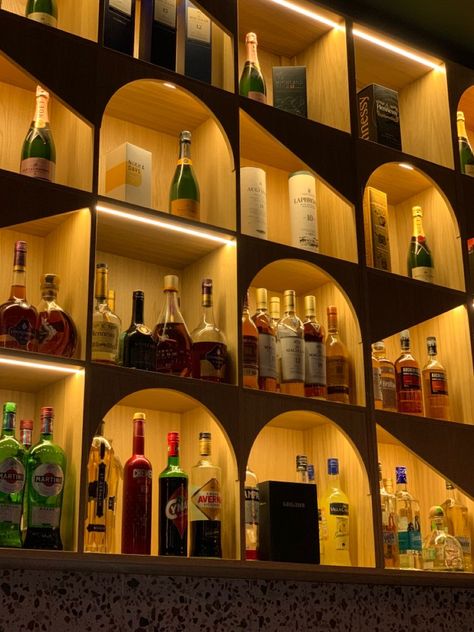 #homebar #happyhour #barideas #cocktails #mixology #homeentertaining #drinkrecipe #barcart #diybar #homehappyhour Luxury Liquor Display, Small Bar Lounge Design, Front Bar Design, Backlit Bar Shelves, Bar Alcohol Display, Backbar Ideas, Bar Liquor Display, Backlit Bar, Sport Bar Design