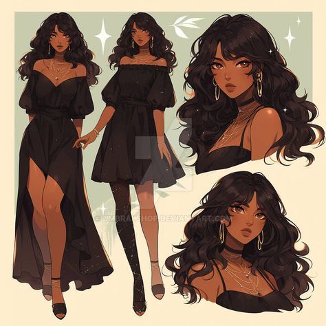 Drawing Reference Hair Female, Female Clothes Drawing Outfit Reference, Black Hair Female Character Art, Latina Oc Art, Female Outfits Drawing, Black Character Design Female, Black Woman Character Design, Black Anime Female, Plus Size Character Design