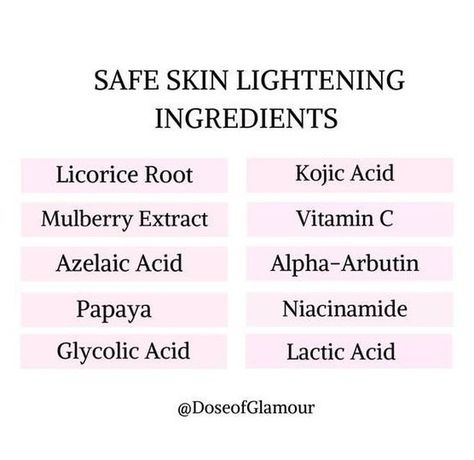 Here is a list of some safe ingredients used in skincare products to lighten dark spots/hyperpigmentation. Is it safe to say that you would rather use Hydroquinone-free alternatives to lighten hyperpigmentation?  ⁣  The goal of skin whitening (or skin bleac Lighten Dark Spots, Skin Facts, Natural Skin Tone, Skin Care Routine For 20s, Lighten Skin, Natural Skin Care Routine, Skin Cleanser Products, Face Skin Care, Skincare Ingredients