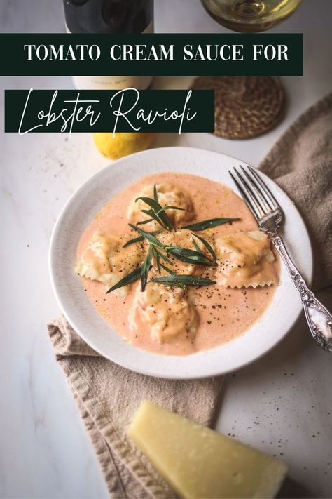 This creamy lobster ravioli sauce is the absolute best for pairing with a luxury ingredient. We use lobster shells to flavor the sauce. Best Sauce For Lobster Ravioli, Cream Sauce For Lobster Ravioli, Sauce For Lobster Ravioli, Sauce For Lobster, Lobster Ravioli Sauce, Homemade Pastas, Ravioli Recipes, Ravioli Sauce, Creamy White Wine Sauce