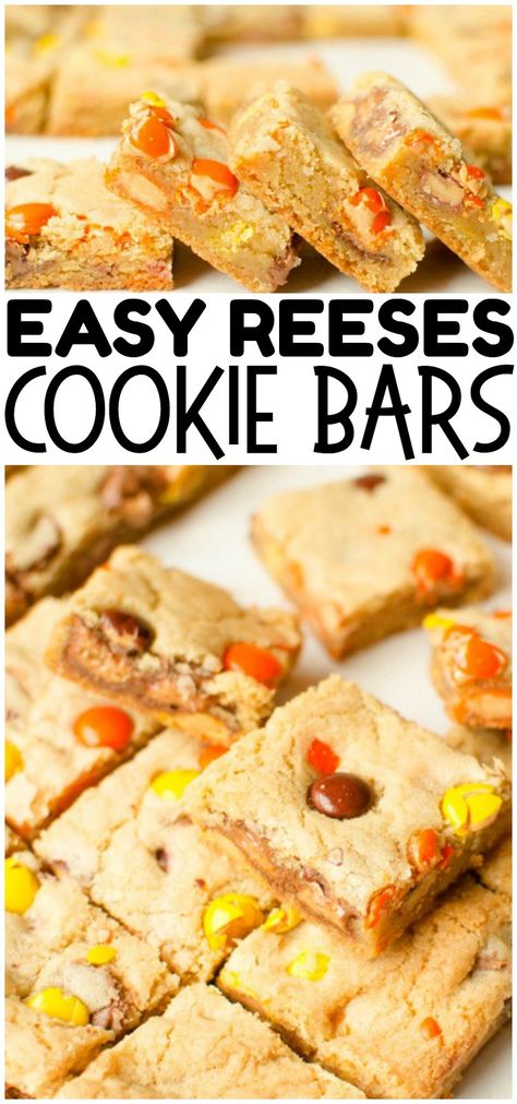 Reese's Cookie Bars are a thick, chewy & full of Reese's Pieces and Mini Reese's Cups! The rich, chewy cookie bar compliments the chocolate & peanut butter add in's perfectly. No rolling required, Cookie Bars are the way to go! #cookies #baking #reeses #chocolate #peanutbutter #cookies #recipe #dessert Reeses Desserts, Reese's Cookies, Reese's Pieces Cookies, Reeses Cookies, Peanut Butter Cookie Bars, Reese's Pieces, Peanut Butter Cup Cookies, Cookie Brownie Recipe, Reeses Cups