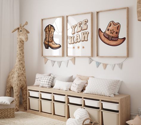 Quickly spruce up your nursery, bedroom, or desired space with these one of a kind cowboy prints. These arrive as prints only, no frames are included. Enjoy picking out your own frames that will suit your bedroom, nursery or space the best! These prints are high quality and feature acid free, no fade ink to keep them looking fresh and new for as long as possible. Ships in an envelope. Check out the matching items that we offer, links below! PLEASE NOTE: This listing is for prints only and do not Boys Cowboy Room, Vintage Cowboy Nursery, Western Nursery Decor, Cowboy Bedroom, Country Baby Rooms, Cowboy Room, Cowboy Nursery, Western Nursery, Wall Print Set