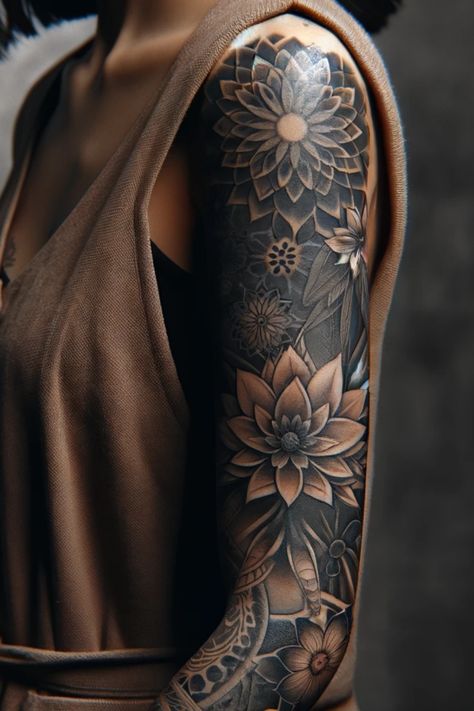 39 Female Sleeve Tattoos The Ultimate Collection That'll Inspire Shading Sleeve Filler, Female Sleeve Tattoos, Mountain Sleeve Tattoo, Tattoos About Growth, Growth Tattoos, Female Arms, Arm Cover Up Tattoos, Tato Mandala, Tatuaje Cover Up