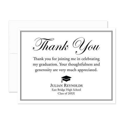 PRICES MAY VARY. Graduation Thank You Cards: 5.5x4.25" flat, black and white thank you notecards with envelopes. The back of the notecard will be blank white. Event-Worthy Paper: Our notecards are printed on 120 lb. white cover stock with a timeless eggshell texture. Matching white envelopes are included. Personalize It! - Enter the graduate's name, school, and graduation year, and select your desired number of notecards (minimum of 10) in the “Customize Now” section. Optional Add-on: Return add Black And White Flats, Hello Love, Graduation Thank You Cards, Graduation Year, Thank You Note Cards, White Flat, High School Classes, White Cover, Cards With Envelopes