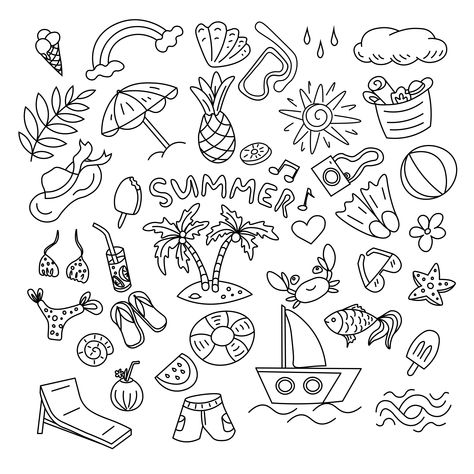 Unleash your creativity! Click the link above to explore our amazing collection of coloring pages. Perfect for relaxation and fun. Start coloring now! 😄🙃😘 Ocean Theme Doodles, June Calendar Doodles, Summer Flash Sheet, Beach Doodles Aesthetic, Summer Simple Drawings, Summer Doodles Easy, Doodles Themes, How To Draw Summer Things, Cheer Doodles