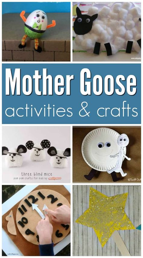 Mother Goose inspired crafts and activities for a Mother Goose theme in preschool or kindergarten.   via @sightsoundread Mother Goose Crafts, Nursery Rhymes Preschool Crafts, November Preschool, Fairytale Lessons, Rhyme Activities, Goose Craft, Rhyming Preschool, Nursery Rhyme Crafts, Fairy Tales Preschool