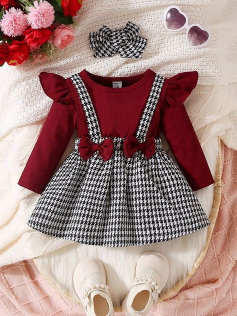 Burgundy  Collar Long Sleeve  Colorblock,Houndstooth A Line Embellished Non-Stretch  Baby Girls Clothing 2 In 1 Dress, Stylish Baby Girl Outfits, Baby Girls Dresses, Kids Dress Patterns, Kids Dress Wear, Baby Clothes Patterns, Kids Fashion Dress