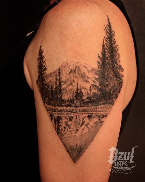 Mt Rainier Tattoo, Rainier Tattoo, My Rainier, Forest Tattoo Sleeve, Moutain Tattoos, Forest Tattoo, Nature Tattoo Sleeve, All Black Tattoos, Bright Tattoos