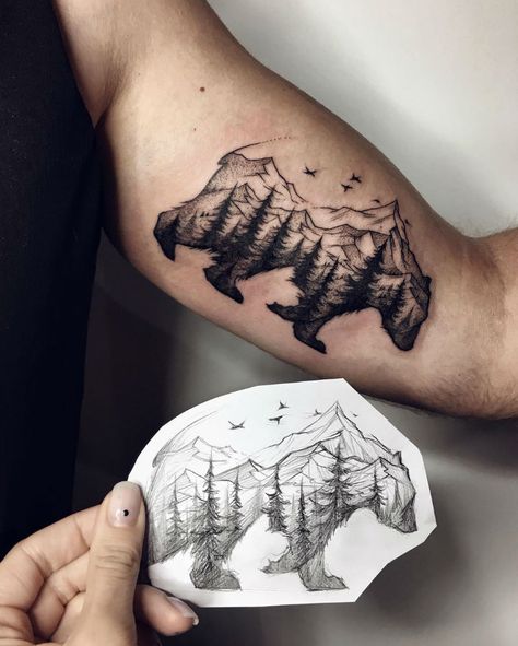 16 Stunning Tattoos by Sasha Kiseleva Tatuagem Masculina Pequena, Cool Arm Tattoos, Forest Tattoos, Bear Tattoos, Bicep Tattoo, Hawaiian Tattoo, Bear Tattoo, Tiny Tattoo, Mountain Tattoo