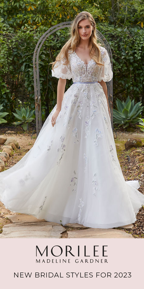 Whimsical A-line with colorful embroidery Mallory, Style 4129 Wedding Dresses Fairytale, Embellished Wedding Dress, Colored Wedding Dress, Gowns With Sleeves, Colored Wedding Dresses, Designer Wedding, Bridal Wedding Dresses, Designer Gowns, Wedding Dress Styles