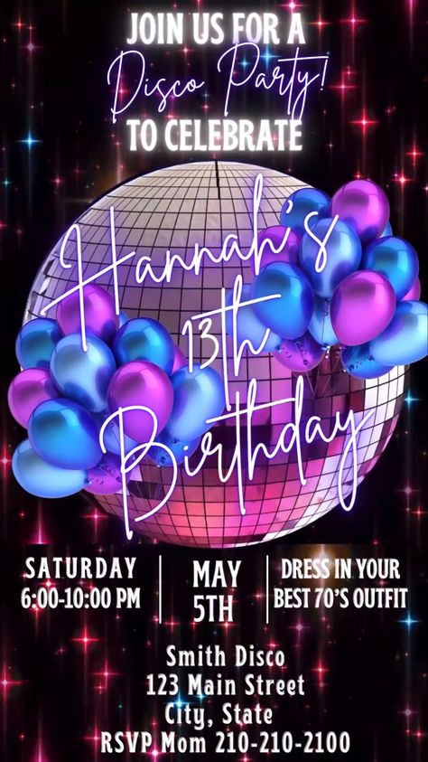 Amaze your guests with our disco ball video invitation from Hostessy. 🥳🎉 SAVE AN EXTRA 10%  by signing up for our email list https://pinterestpower.ck.page/2182671510 This is the EASIEST and ONLY way to find out about our next exclusive sale, coupons, discounts and news about our latest designs! It takes 2 seconds! See with music example (yes it can be changed) here: https://youtu.be/m0U3qxstW3M What your digital video invite includes: -A 30 Second personalized mp4 video invitation with music Save The Date For Birthday Party, Disco Party Invitations Templates, Euphoria Party Invitation, Disco Invitation Template, Disco Invitations, Disco Party Invitations, Disco Video, Dance Party Invitations, Birthday Video Invitation