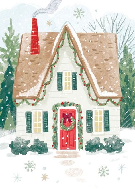 Christmas House Drawing Ideas, Christmas Illustration Artwork, Christmas Decor Pictures, Cute Christmas Illustration Art, Christmas Prints Art, Christmas House Art, Christmas Houses Illustration, Christmas Background Drawing, Vintage Christmas Paintings