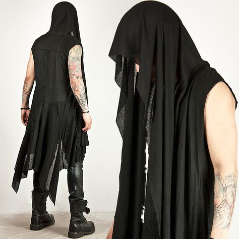 AVANT-GARDE DRAPING LONG SLEEVELESS HOOD CARDIGAN - 45 Mens Fashion Cardigan, Hood Cape, Male Witch, Revival Clothing, Stylish Mens Fashion, Mens Fashion Smart, All Jeans, New Rock, Mens Winter Fashion