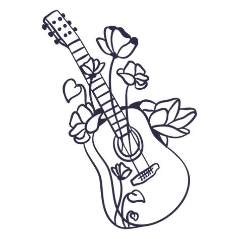 Folk guitar with stroke flowers PNG Design Guitar With Roses Drawing, Guitar With Flowers Drawing, Guitar With Flowers, Flower Bouquet Tattoo, Folk Guitar, Guitar Drawing, Bouquet Tattoo, Background Summer, Circuit Ideas